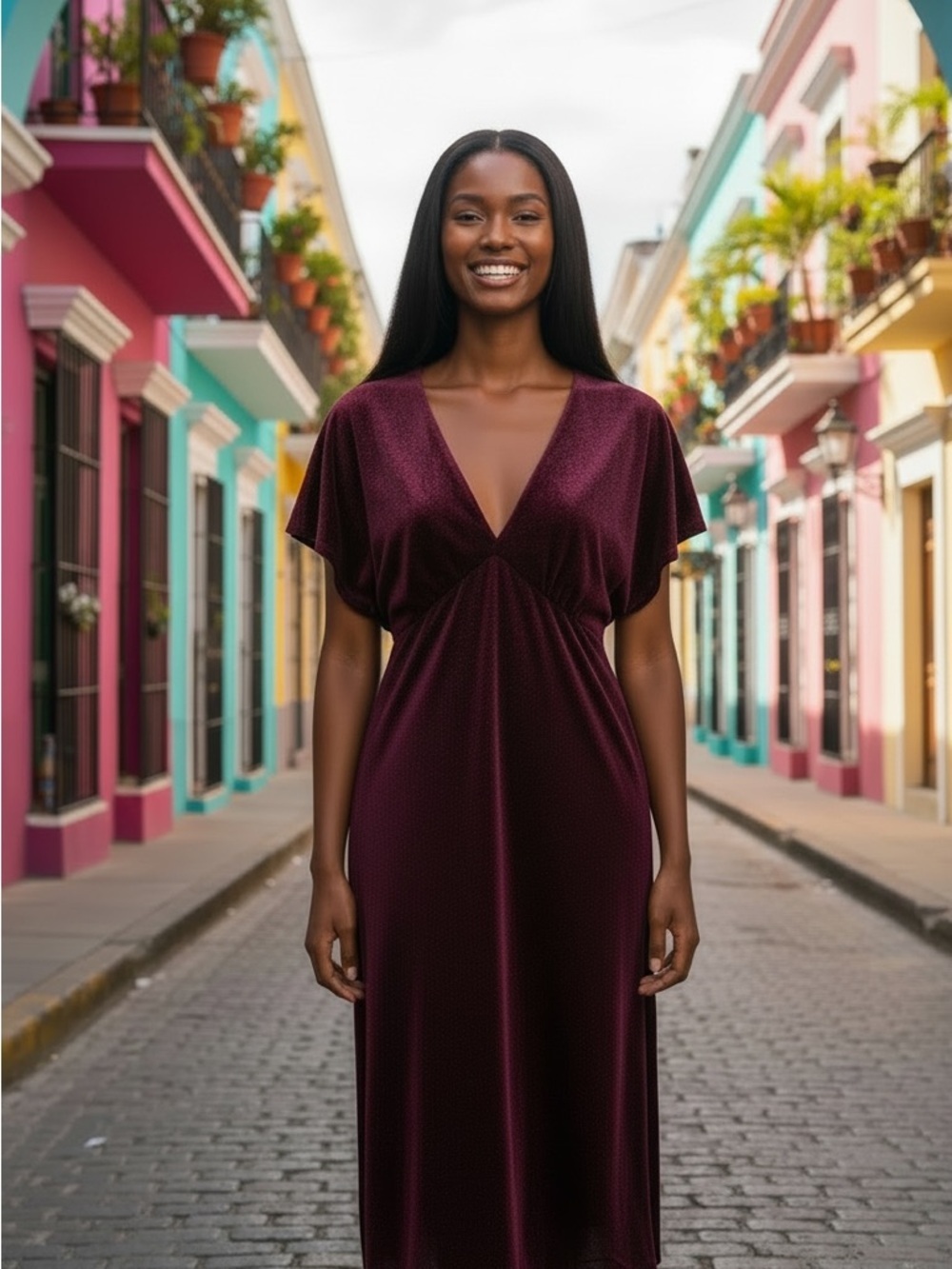 Taylor Shimmery Burgundy V-Neck Dress